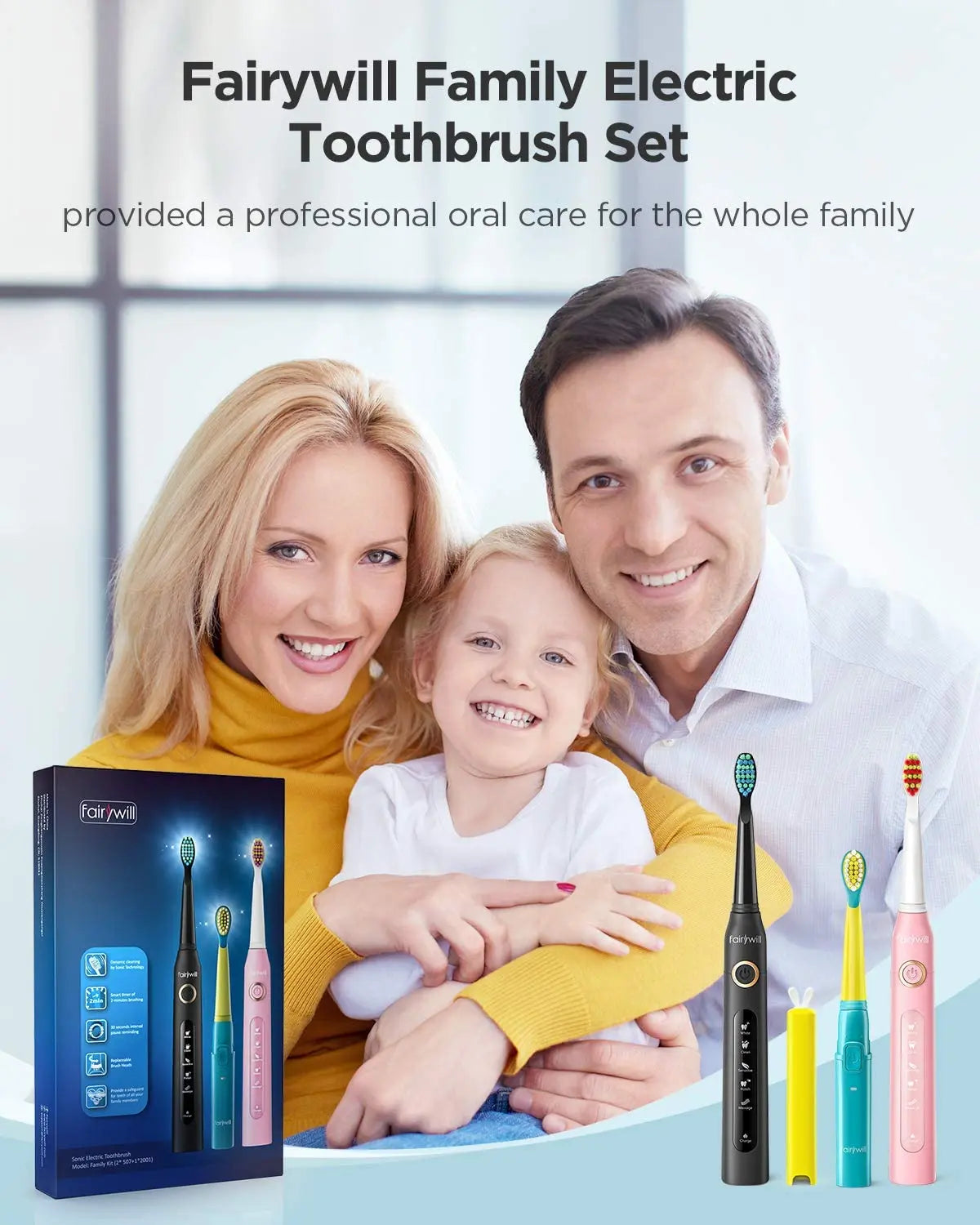 2024 Fairywill Electric Sonic Kids Toothbrush Family Kit with 3 Powerful Rechargeable Whitening Toothbrush and 10 Brush Heads